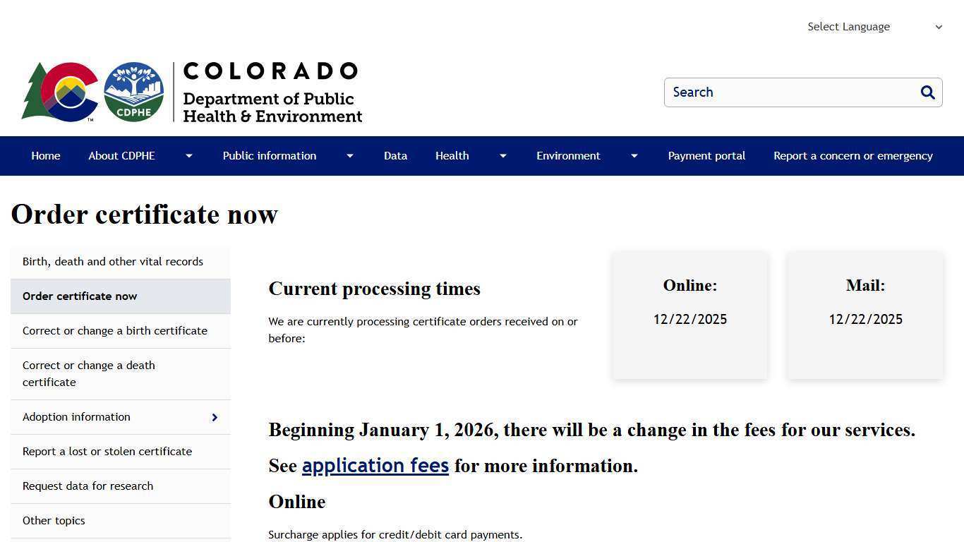 Order certificate now | Colorado Department of Public Health and Environment